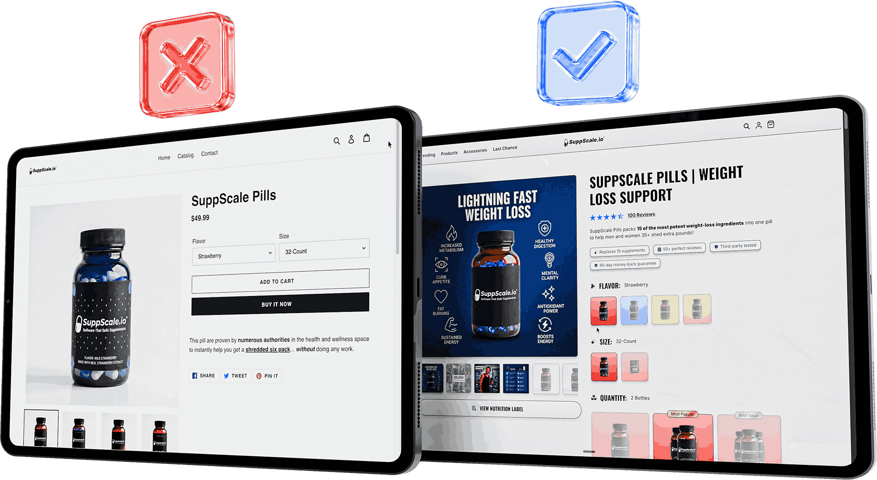 Comparison between a basic supplement product page and a SuppScale sales page
