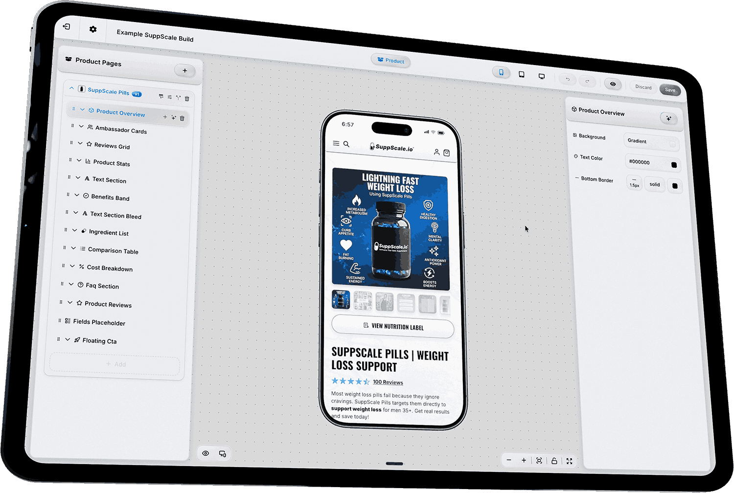 SuppScale page builder editing a supplement sales page